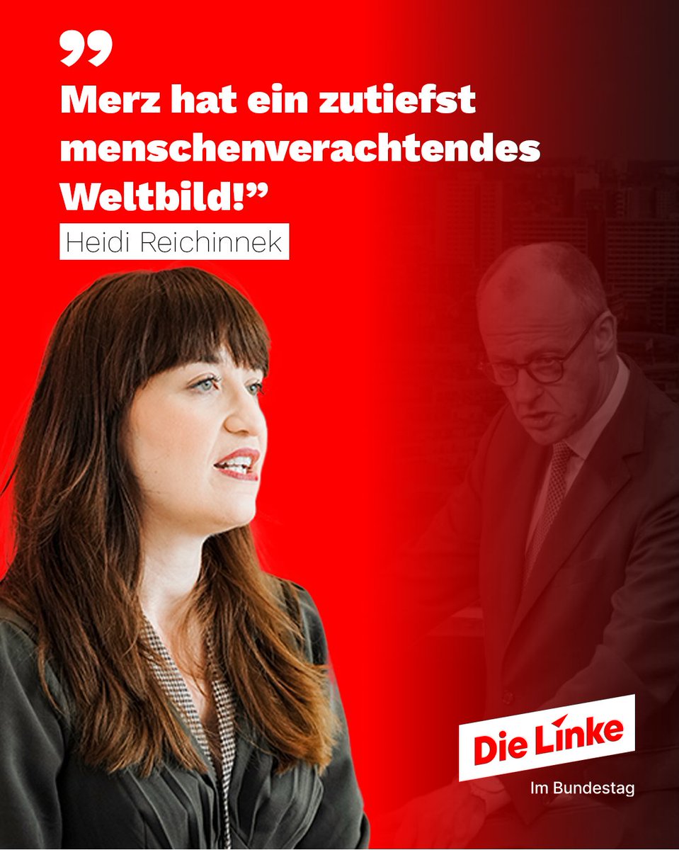 dielinkebt's tweet photo. "Merz macht die CDU zur Vorfeldorganisation von Rechtsaußen, wenn er Menschen aufgrund ihres Aussehens zum Störfaktor macht", so @HeidiReichinnek. 

Der Kanzler sagte am Mittwoch sinngemäß, dass Migrant:innen nicht ins Stadtbild passen und deswegen mehr abgeschoben werden müsse. https://t.co/jqZas8ZQZe