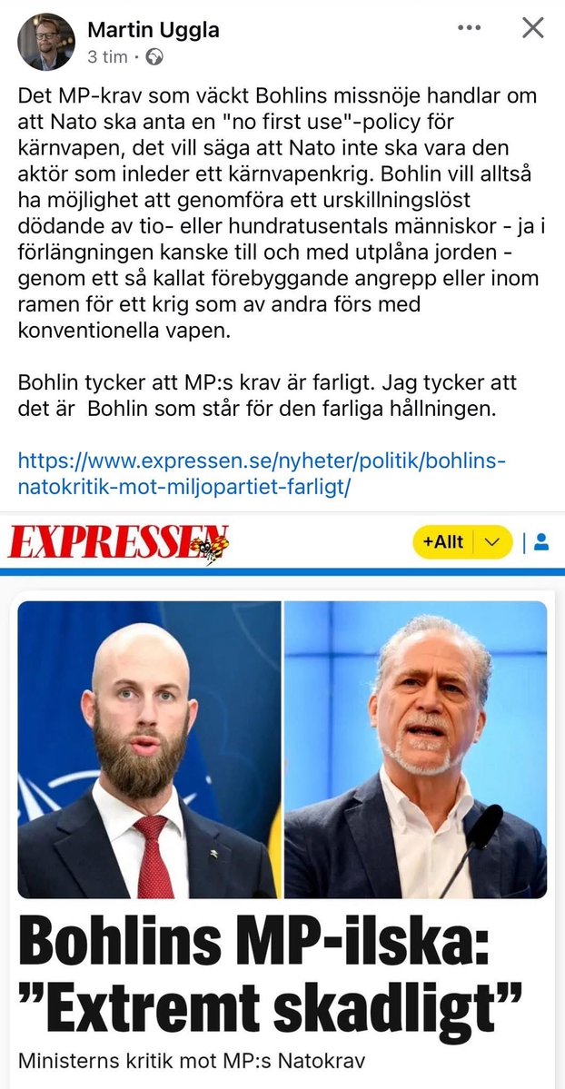 Daniel Schatz (@drdanielschatz) on Twitter photo Svenska Freds – som för länge sedan borde ha bytt namn till det mer passande ”Ryska Freds” – anklagar nu civilförsvarsminister <a href="/CarlOskar/">Carl-Oskar Bohlin</a> för att vilja ”utplåna jorden”. Så talar diktaturens medlöpare. Svenska Freds – som för länge sedan borde ha bytt namn till det mer passande ”Ryska Freds” – anklagar nu civilförsvarsminister <a href="/CarlOskar/">Carl-Oskar Bohlin</a> för att vilja ”utplåna jorden”. Så talar diktaturens medlöpare.