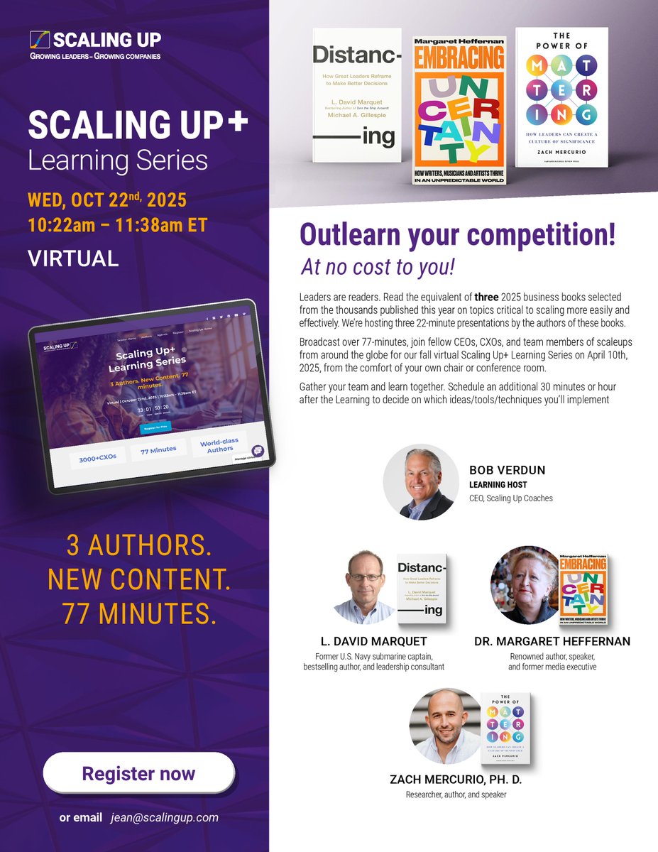 agilescaleup's tweet photo. FREE Exclusive! Get a sneak peek at 3 top 2025 biz books from David Marquet, Margaret Heffernan, &amp; Zach Mercurio on Oct 22. Complimentary 7-min session &amp; recording! Register 🚨 https://t.co/WaMWchUOga 🚨 #ScalingUp #Leadership https://t.co/fjiRvDMiR9