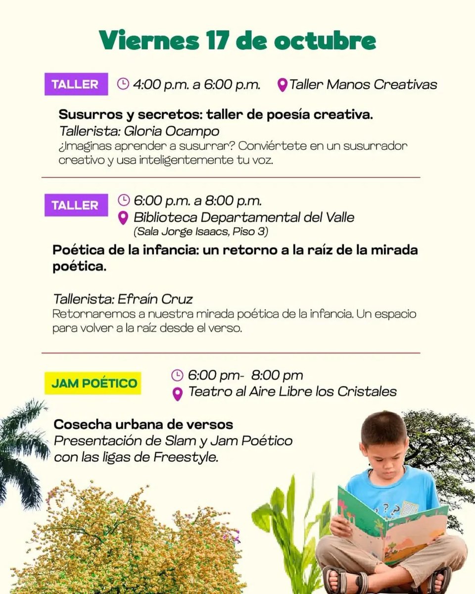 OrgulloCaleno's tweet photo. Hasta el 18 de octubre, Cali se convertirá en un cielo abierto para todas las voces. Festival de Poesía de Cali
Poetas nacionales e internacionales, talleres y recitales llenarán cada rincón de la ciudad con palabras que inspiran y transforman.
#CaliDistritoCultural https://t.co/KUScUIfalg