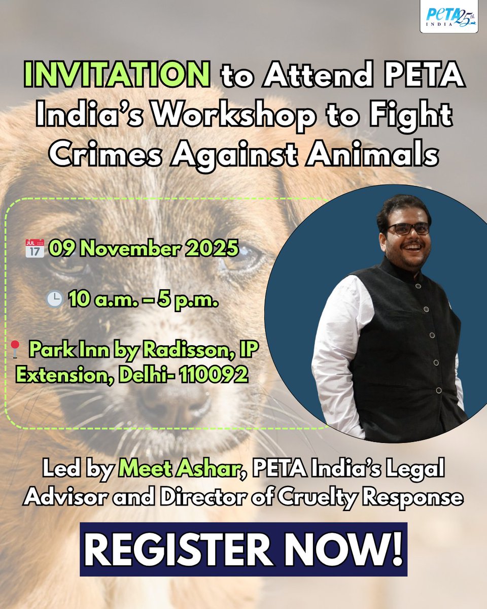 PETA India (@petaindia) on Twitter photo Delhi: PETA India invites you to a FREE workshop on effectively using the law to fight crimes against animals led by <a href="/asharmeet02/">Meet Ashar</a>, PETA India’s Legal Advisor and Director of Cruelty Response, on Sunday, November 9, 2025.
Cruelty to animals is a crime — and you can help stop it. Delhi: PETA India invites you to a FREE workshop on effectively using the law to fight crimes against animals led by <a href="/asharmeet02/">Meet Ashar</a>, PETA India’s Legal Advisor and Director of Cruelty Response, on Sunday, November 9, 2025.
Cruelty to animals is a crime — and you can help stop it.