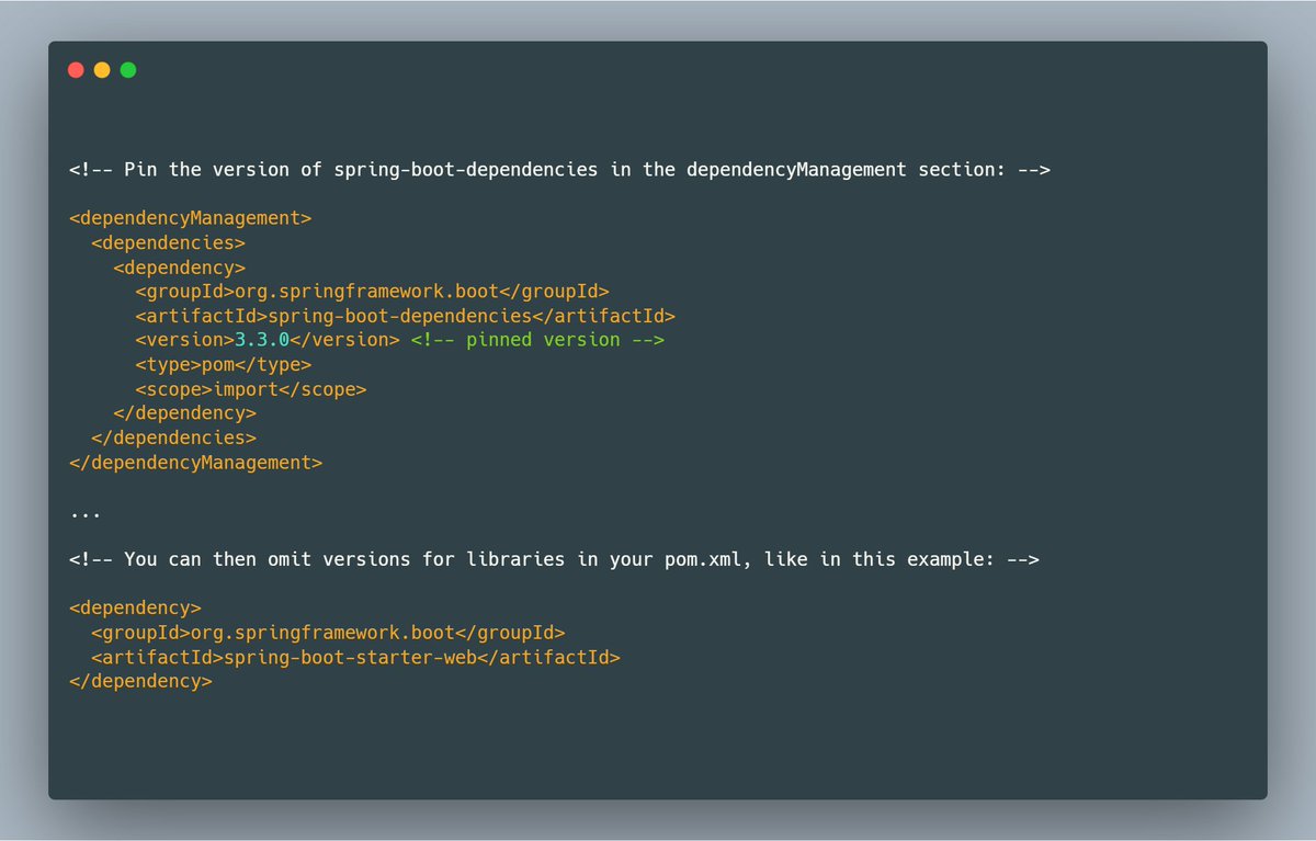 mario_casari's tweet image. 💡 Pin the Spring Boot version in the spring-boot-dependencies BOM to ensure consistent dependency management.
✅  The spring-boot-dependencies BOM allows you to omit versions of libraries that Spring Boot integrates with in your pom.xml. 
#SpringBoot