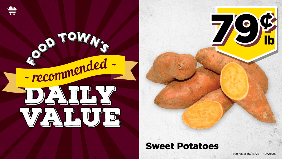Food Town RDV: Sweet Potatoes: $0.79 per pound. (Valid through 10/21/25). rdv #save #everydayvalues#foodtownhouston