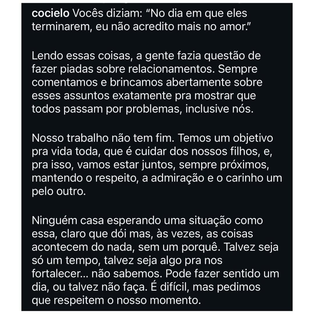 DESCONFIEI__'s tweet photo. Julio Cocielo anunciou nesta noite o fim do casamento com Tatá Estanieck, ele fez um longo texto e pediu respeito ao momento! 💔 https://t.co/F4KNGOd4YA