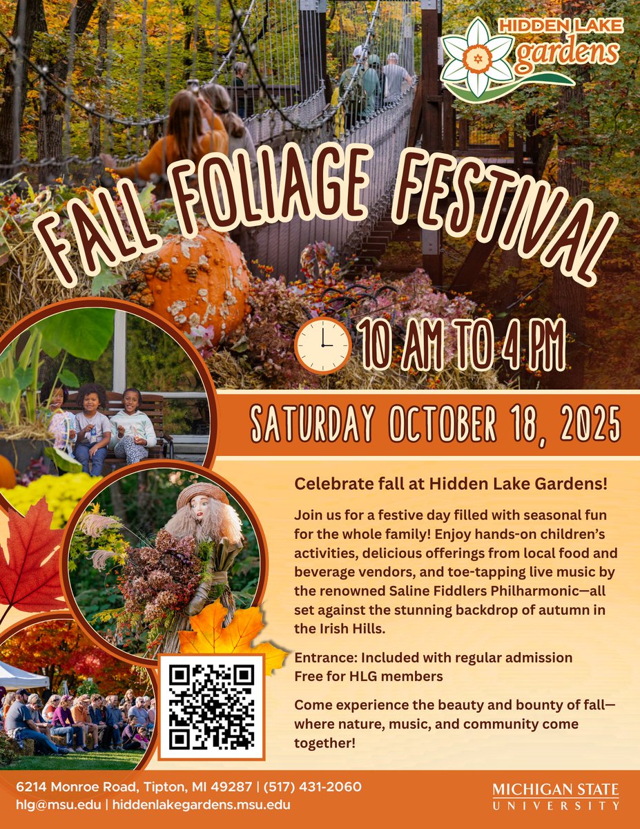 🍂 Fall Foliage Festival at Hidden Lake Gardens – Oct 18 🍁

Celebrate autumn with live music, tasty eats 🌭🍩, crafts &amp; science fun 🧪, Story Walk 📚, Sky Walk 🌉, art exhibits 🖼, and more! 👣 Explore trails, spot scarecrows, and enjoy the colors of fall!