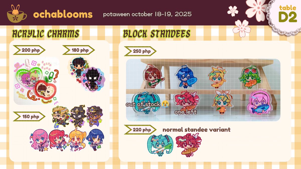 here's my potaween catalog !! 🎃💚

🐇 bunnies, vocaloid, pkciv, etc. 
👻 see you all at table d2 (and2 lang kami)

#patronofthearts #potaween