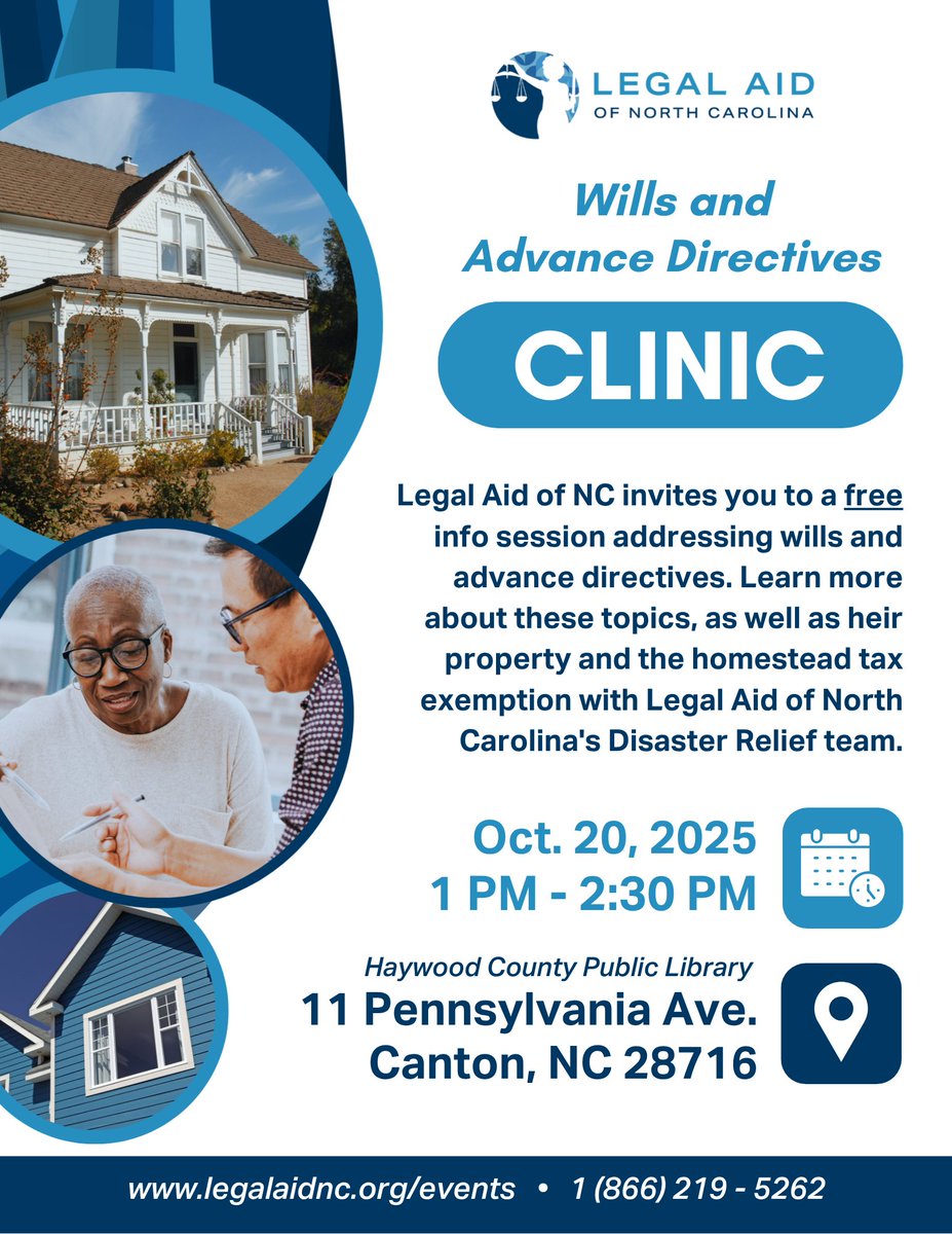DRPLegalAidNC's tweet photo. Attention Canton: join us for a legal clinic on Oct 20 to learn about wills and advance directives, heir property, and the homestead tax exemption with Legal Aid of North Carolina's Disaster Relief team! Learn more: https://t.co/IQUMAd1iNa
#legalaid #northcarolina #wills https://t.co/AmE0ddaaq8