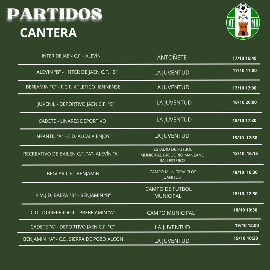 ℂ𝔸ℕ𝕋𝔼ℝ𝔸 𝕍𝔼ℝ𝔻𝔼

PARTIDOS DE NUESTRA CANTERA PARA ESTE FIN DE SEMANA 💚⚽️

#CanteraVerde 👫

#somosmanchareal💚💜