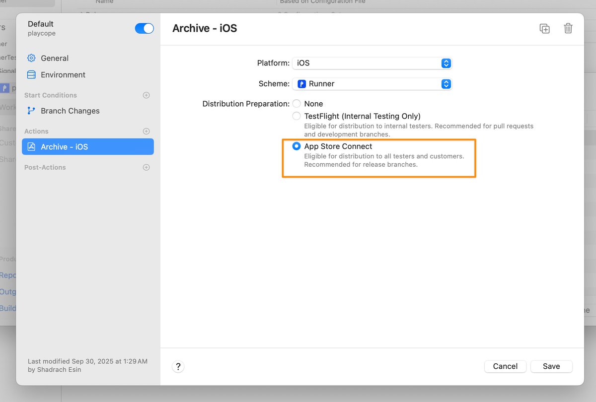rsty_rafe's tweet image. This works with your Github workflow so when you push to main for example it runs a build and releases it to TestFlight. It’s free. It’s on the Xcode app. 

You’ll have to setup a post clone script tho. 

docs.flutter.dev/deployment/cd#… (check here for script just copy paste)