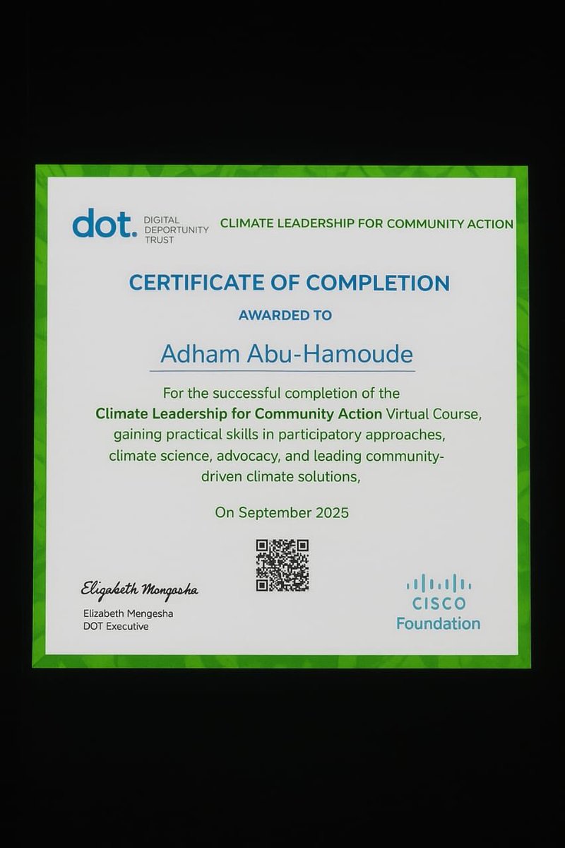 Adham99fouad's tweet photo. Certificate Achievement | Climate Leadership for Community Action 

I am pleased to share that I have successfully completed the Climate Leadership for Community Action virtual course, organized by Digital Opportunity Trust (DOT) and supported by the Cisco Foundation. https://t.co/RkDfKyBM3g
