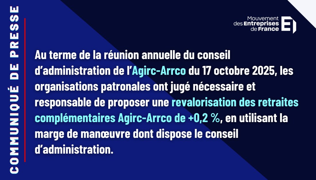 COMMUNIQUE | Communiqué de presse commun @Medef, <a href="/CPMEnationale/">CPME</a>, <a href="/U2P_france/">U2P</a>  sur l'<a href="/AgircArrco/">Agirc-Arrco</a>.

Lire le communique : medef.hosting.augure.com/Augure_Medef/d…