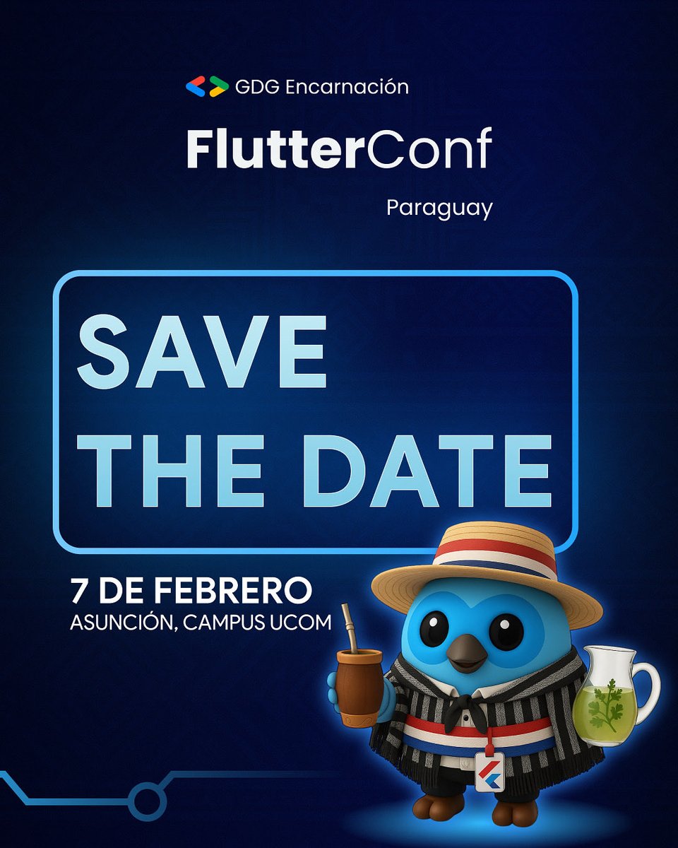 flutter_py's tweet image. 🚀 Save the date!
7 de febrero – Campus UCOM, Asunción, Paraguay
Descubrí todo el potencial de Flutter y conectá con la comunidad tech 💡
👀 Más info pronto, no te lo pierdas!
#Flutter #ComunidadTech #Paraguay #SaveTheDate #TechCommunity