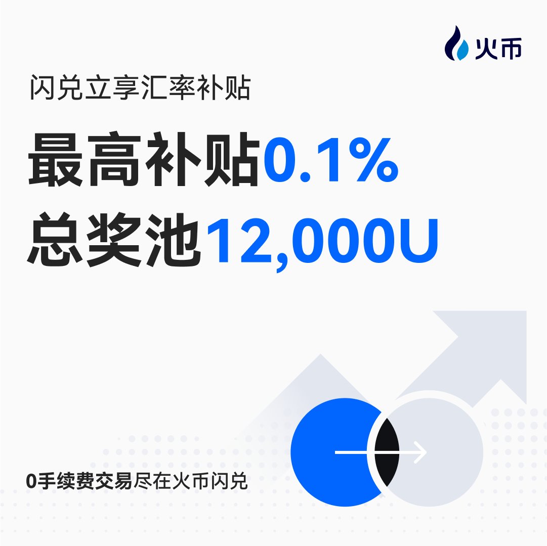⚡️HTX闪兑汇率补贴活动限时开启咯！ 💰12,000 USDT奖池等你来参与！ 🟦闪兑任意币种可享最高0.1%汇率补贴🟦首次完成闪兑可得最高20  USDT红包🟦闪兑交易赛和分享晒单还能瓜分奖池！ 👇赶快来参加吧：