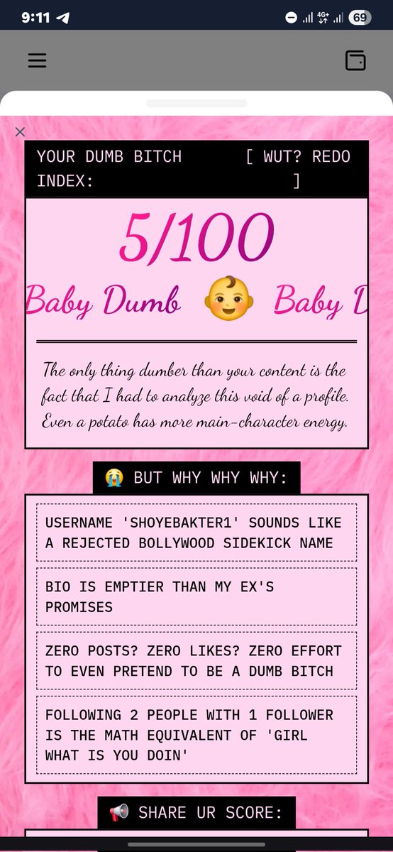 mdrobin87826718's tweet image. Just tested my “Dumb Bitch Index” on Vana 🤪📊
Apparently my Instagram data says I’m ✨Baby dumb🙉
Not sure if I should be proud or concerned 😂

Wanna see what your Insta says about you?
👉 vana.org/bonusxp

#Vana #DBI #AIanalysis #ChaosLevel