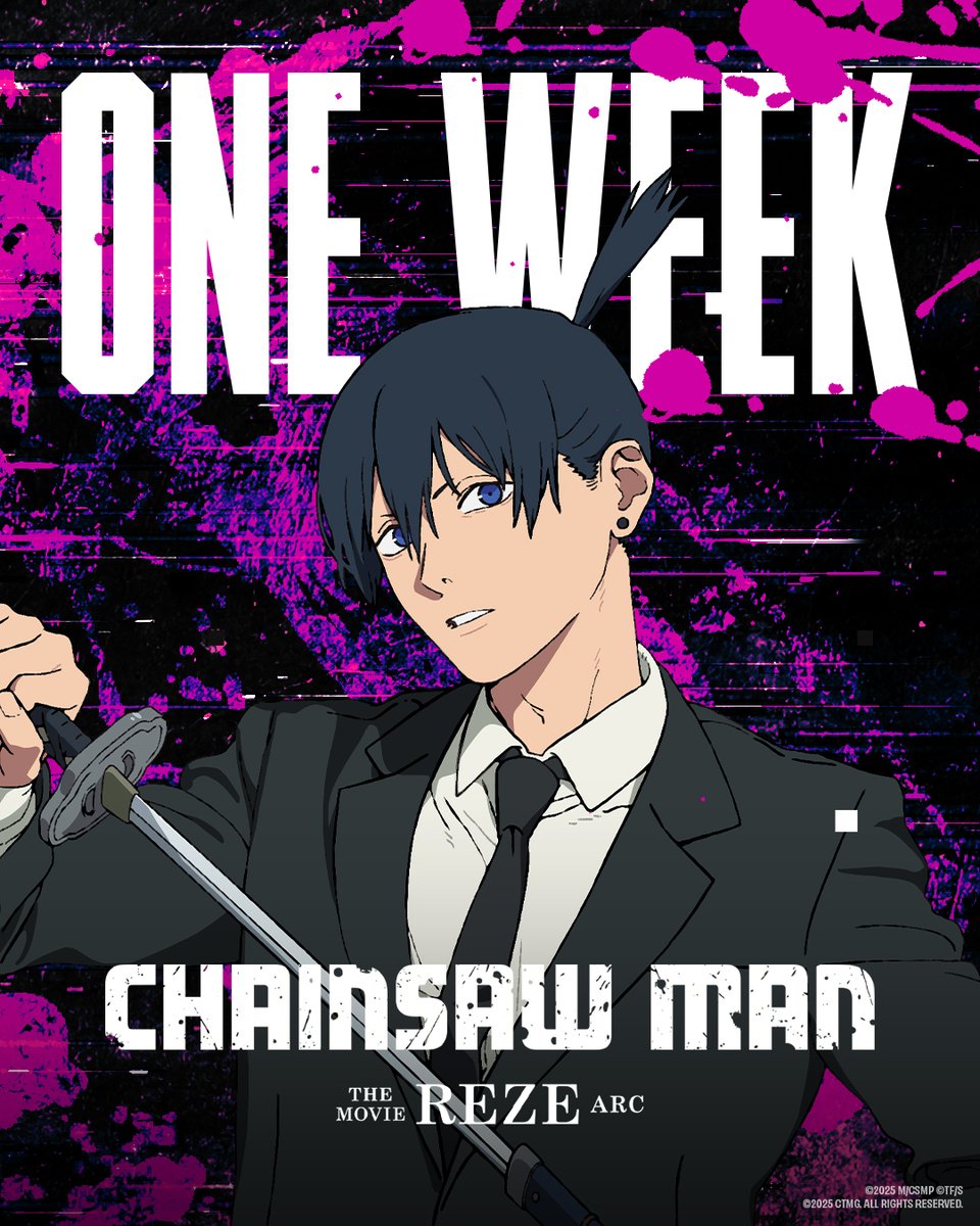 1 is the loneliest number… unless it’s a countdown to #ChainsawManMovie in theatres!

The worldwide phenomenon returns with an original movie in ONE WEEK, in Premium Formats and IMAX. Chainsaw Man - The Movie: Reze (cont) spklr.io/l/6011BKWmD