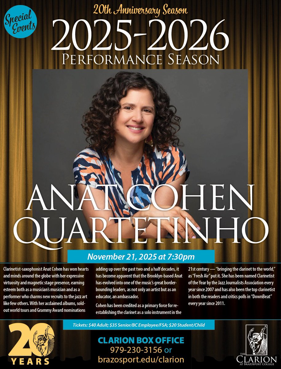TheClarionatBC's tweet photo. Don’t miss Anat Cohen Quartetinho live!

🗓️ Nov 21, 2025 | 🕢 7:30 PM
🌍 A night of jazz, Brazilian vibes &amp; musical magic.
🎟️ Grab your tickets now: https://t.co/JTteOVuYiR

#AnatCohen #Quartetinho #LiveJazz #JazzConcert https://t.co/JuM27DEjnv