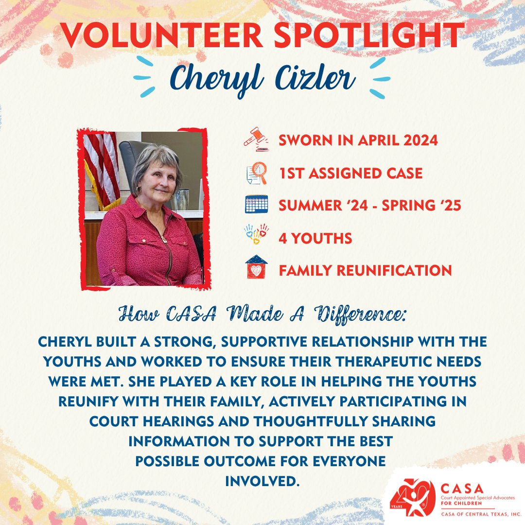 CASACenTex's tweet image. Shining a light on one of our incredible CASA volunteers! 💫 Thanks for being #TheCASADifference, Cheryl! Cheryl built a supportive relationship with the youths and played a key role in their reunification.
#BecomeACASA or donate today! casacentex.org
