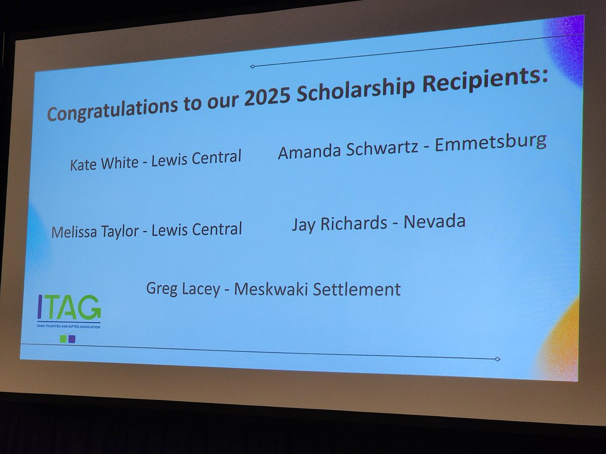 IowaGifted's tweet photo. We reached a long-time goal this month of awarding 5 scholarships to Iowa teachers currently in a gifted endorsement program who will be working directly with identified students. Congratulations!

#giftededucation #ITAGscholarships
#giftedlearning https://t.co/MJuZDTsAqd