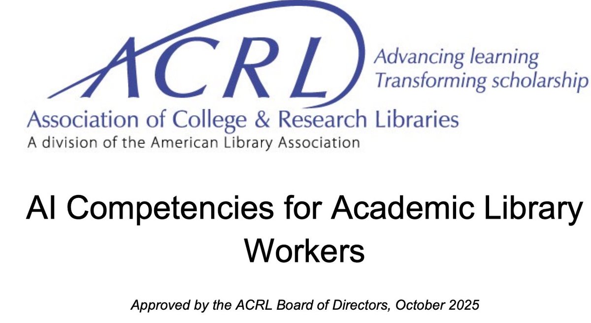 infodocket's tweet image. ACRL Releases #AI Competencies for Academic Library Workers infodocket.com/2025/10/17/acr… #libraries @ALA_ACRL