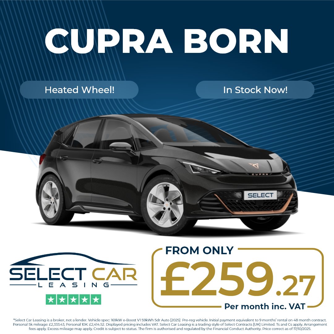 With eye-catching design and a heated steering wheel perfect for the cold months, the CUPRA Born is in stock now from £259.27 a month*

Click the link to find out more 👉eu1.hubs.ly/H0nX_-R0

*Price correct as of posting