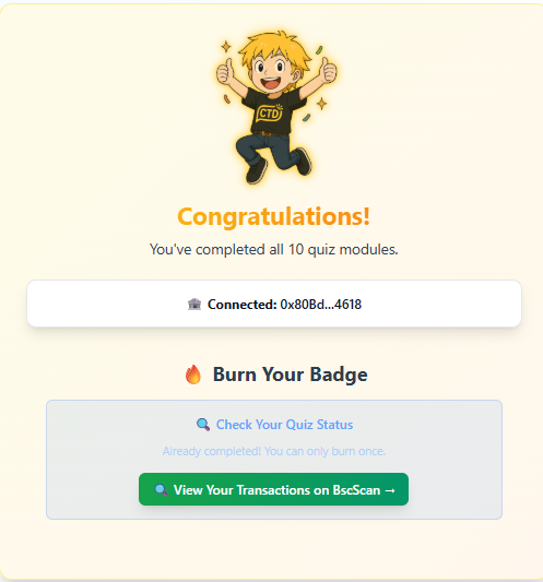 🔥 OPEN CHALLENGE to <a href="/BNBCHAIN/">BNB Chain</a>  &amp; <a href="/cz_binance/">CZ 🔶 BNB</a>  

Can you finish 10/10 on the CTD Quiz and burn 1,000 $CTD (gas only) to stamp it on-chain?

Prove it. Learn → Complete → BURN

👉 chaintalkdailyhub.com/quiz

Tag your squad. 

We challenge <a href="/BNBCHAIN/">BNB Chain</a> builders &amp; communities, drop your