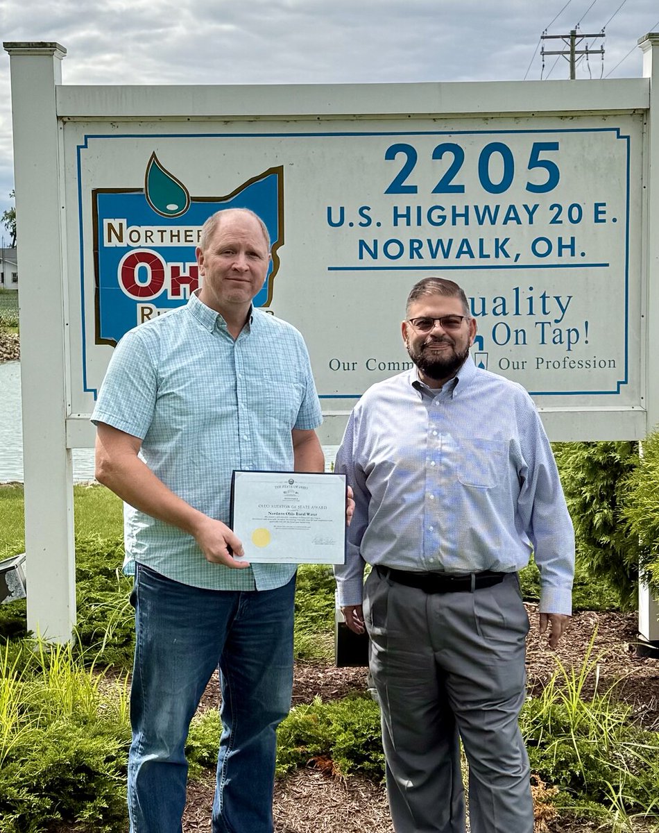 Northern Ohio Rural Water (Superintendent Mike Braun, left, with AOS's Scott Sands) received the Auditor of State Award. Nice work! ✅