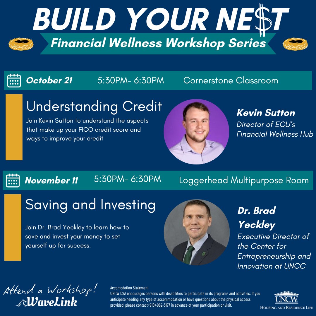 UNCWHRL's tweet photo. Are you ready to build your nest? Here are some upcoming events you should check out and learn about some tips and tricks for your financial wellness! 💰✨

#uncwhrl #uncw #uncwilmington #lovewhereyoulive https://t.co/kyEK8gPTZX