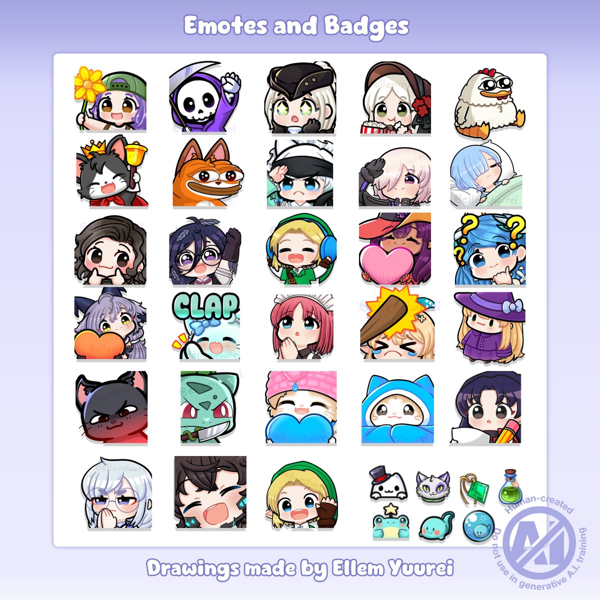Ellem__'s tweet image. Hi!! My commissions are open!

Im selling chibis, emotes and badges!!

All the links with info and where to buy are in my profile and pinned tweet!

rts appreciated!
