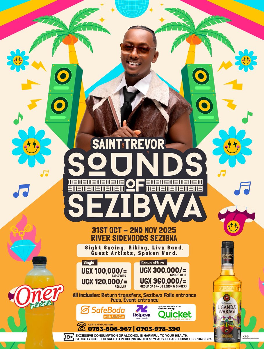 KemptenSafaris's tweet image. Planning a group trip? 🥳 Experience the SOUNDS OF SEZIBWA with @saint_trevor_
Oct 31st - Nov 2nd, 2025 at River Sidewoods Sezibwa.
Group of 3 (Regular) is just UGX 300,000/= (or UGX 360,000/= with Lemon & Ginger). That's your transport, falls entry, and the full event