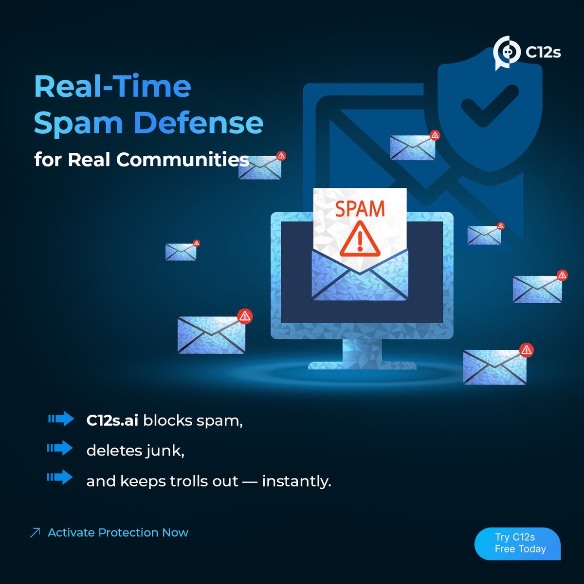1 ignored spam wave can ruin your whole vibe.

It starts small.
One weird link.
Then a bot joins.
Then five more.

By the time someone notices, your chat is chaos.
Moderators scramble.
New members leave.
Trust drops.

C12s.ai stops that chain reaction before it