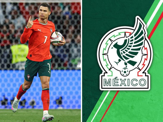 Cristiano Ronaldo in red and green Portugal national team jersey number 7 and shorts holds a soccer ball while running on a green field with blue stadium seating and crowd in background. To the right a white circular logo with green accents features a stylized eagle and text Mexico 2026 indicating the World Cup host.