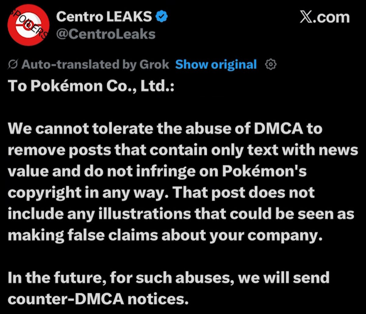 This is INSANE

Centro just threatened the biggest media franchise in Earth's history with legal counter-action after receiving a legal notice from Pokémon

I know opinions are mixed, but there's no denying the dude has BALLS lmao