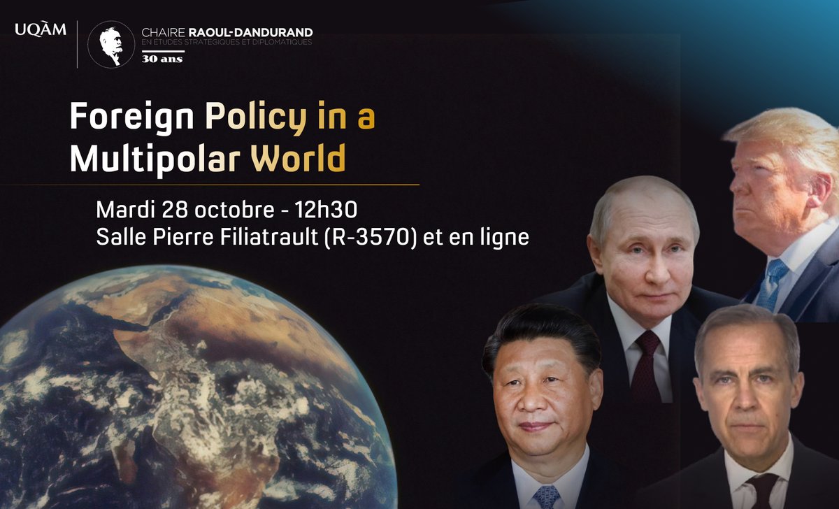 🌍#Conférence - mardi 28 octobre, 12h30 (en personne &amp; en ligne)

🤔Comment la politique étrangère est-elle élaborée dans le monde multipolaire d’aujd?

Avec <a href="/gagnonfrederick/">Frédérick Gagnon</a> <a href="/DrPaulELenzeJr/">Paul E. Lenze, Jr.</a> <a href="/justinmassie1/">Justin Massie</a> <a href="/emrousseau1/">Emmanuelle Rousseau</a> &amp; Alexandre Schiele

Inscription: dandurand.uqam.ca/evenement/fore…