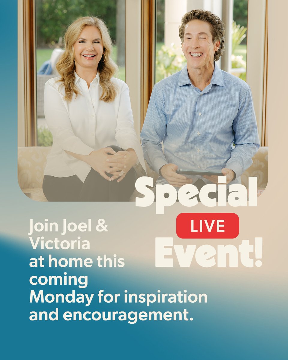 JoelOsteen's tweet photo. Believe for the OVER &amp; ABOVE God has for YOU! 

Join Joel &amp; Victoria at home on Monday, October 20th, 5PM CT for a special time of testimonies, inspiration, and encouragement! 

When we say YES to God, He multiplies our efforts and does more than we can imagine. https://t.co/Hc95KLXG3B