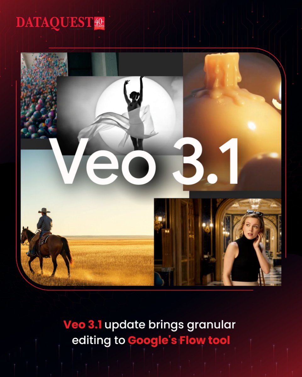 dataquestindia's tweet image. Google launched Veo 3.1, enhancing the Flow AI filmmaking tool with richer native audio and granular editing controls. Features like Extend, Frames to Video, 
Read this article by Punam: dqindia.com/data-and-ai/ve…

#dataquest #Veo3_1 #GoogleFlow #GranularEditing