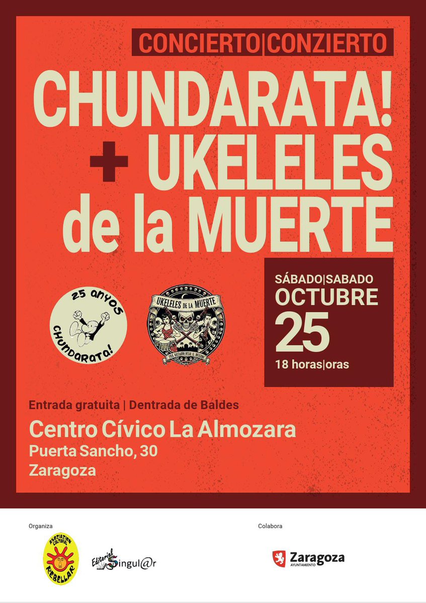 🎸🎷Concierto gratuito en colaboración con Rebellar en #LaAlmozara: Chundarata y los Ukeleses de la muerte. No os los perdáis.