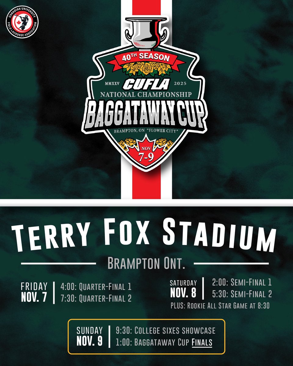 The 2025 Baggataway Cup for the 40th CUFLA season starts on November 7th where the top University teams in Canada will compete for the national title!