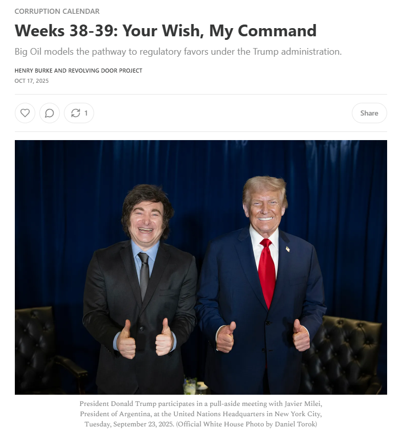 Corruption Calendar: Trump has rolled out the red carpet for the oil industry, filling his administration with former fossil fuel executives, canceling renewable projects and promising the white glove treatment for any Big Oil company that comes knocking. But that's not all...