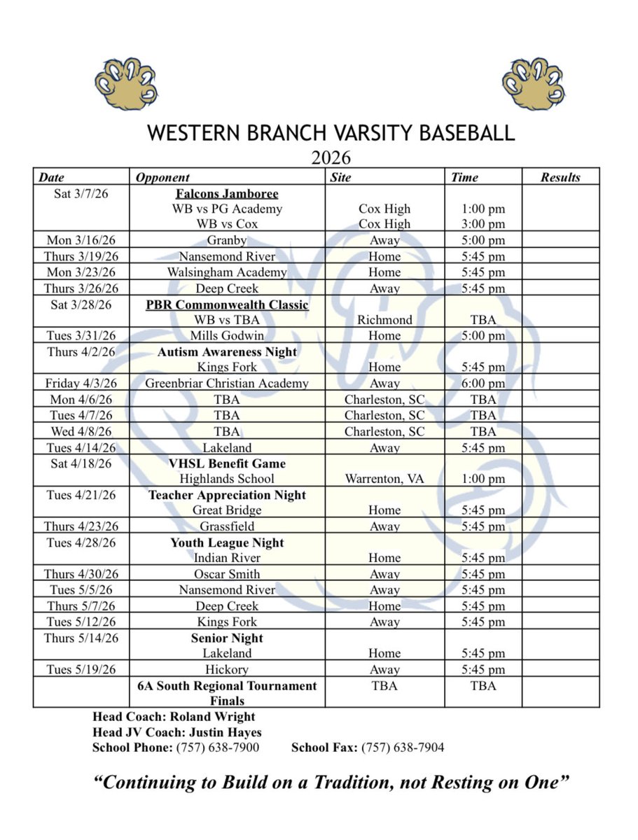 WB Baseball varsity 2026 schedule has been released