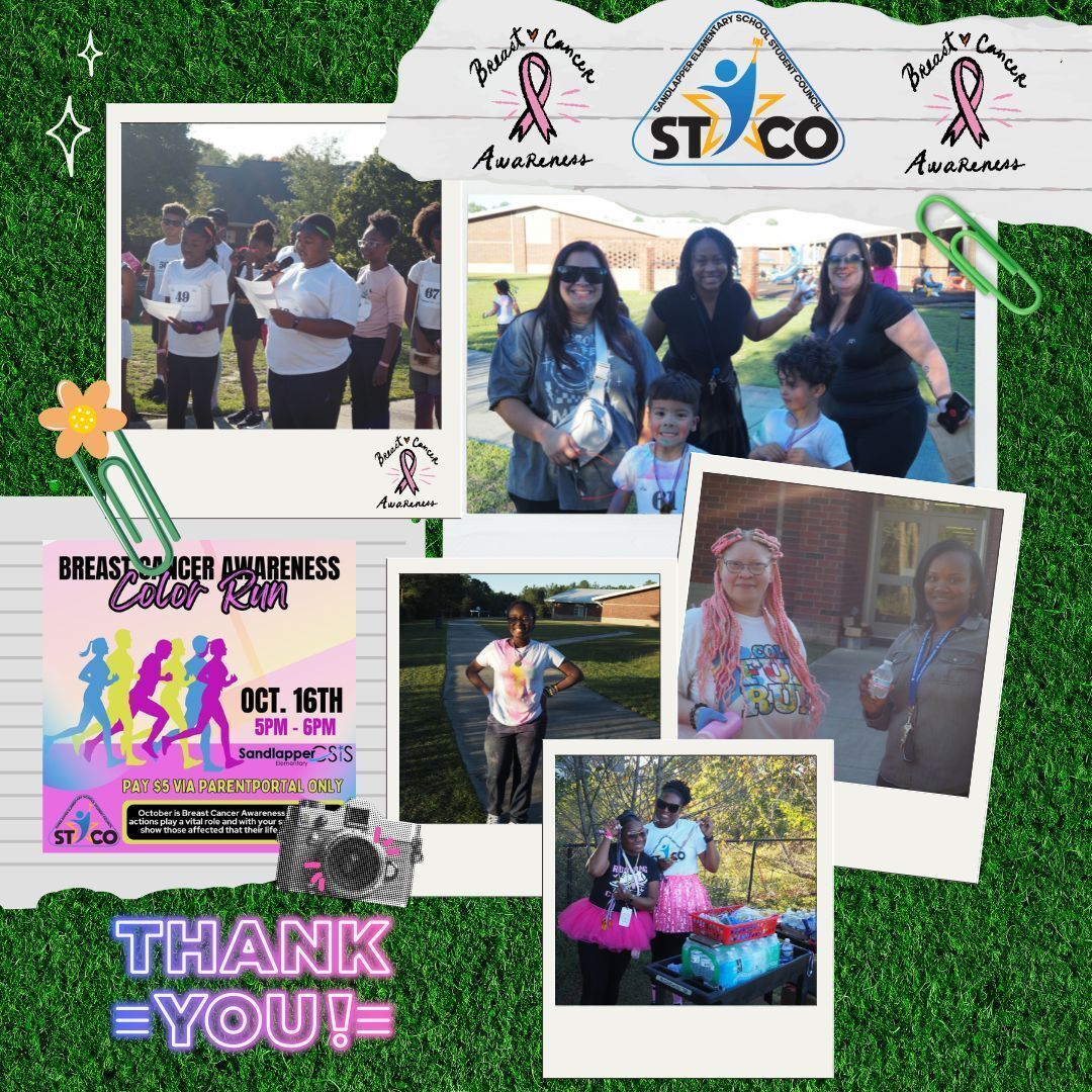 A massive THANK YOU to everyone who supported Student Council's annual Breast Cancer Awareness Color Run yesterday, Thursday, October 16th!  Thanks to our amazing community, this annual event was a huge success once again! 🩷
#SandlapperStars #StuCo #BreastCancerAwareness