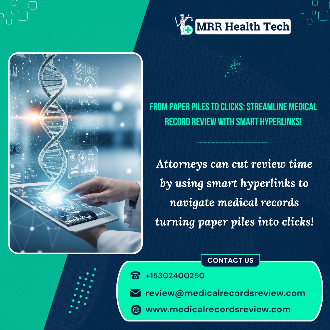 MrrHealthtech23's tweet image. Attorneys: Stop wasting hours flipping through records!
Use smart hyperlinks & bookmarks to navigate medical files instantly, streamline reviews and focus on winning cases.
#LegalTech #MedicalRecordsReview #WorkflowEfficiency #MRRHealthTech