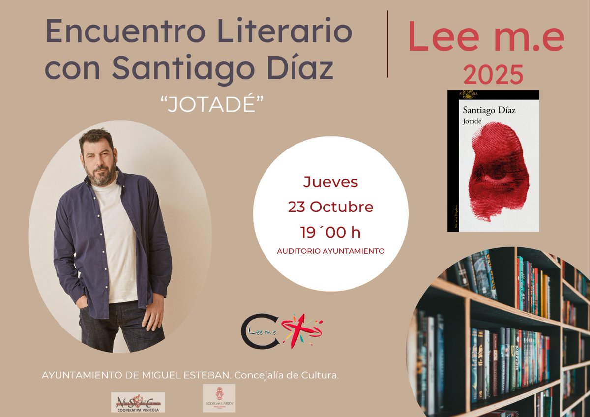 ¡Nos vemos en #MiguelEsteban! 👇

📆 23 de octubre
⏰ 19h
📖 Encuentro literario con <a href="/sdiazcortes/">Santiago Díaz</a> 
📍<a href="/AytoMigEsteban/">Ayto. Miguel Esteban</a>