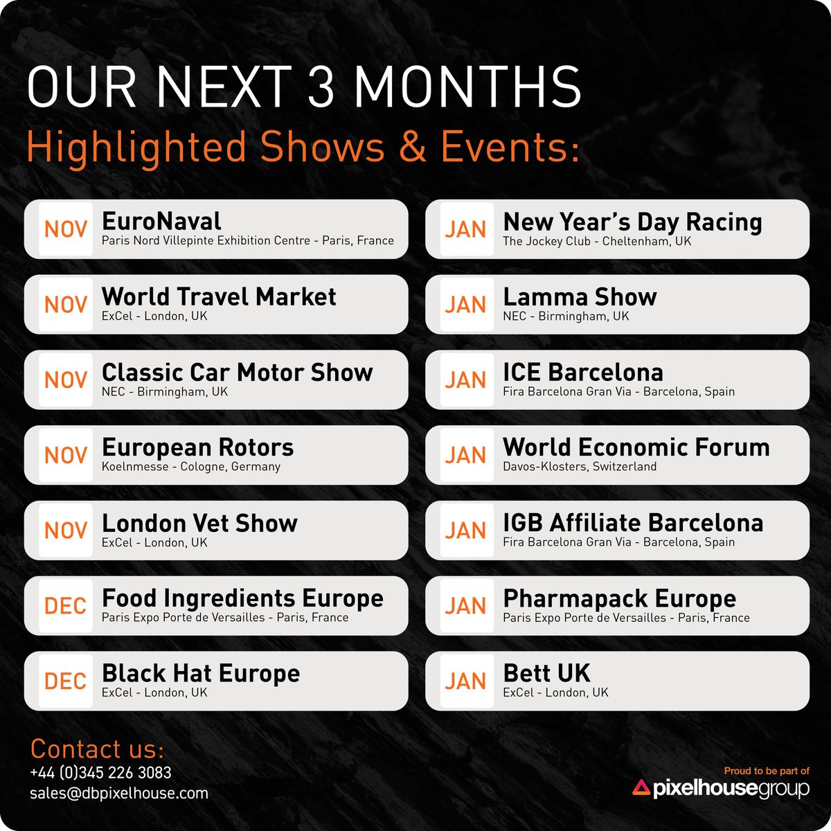 dbpixelhouse's tweet image. The next few months are packed with incredible events across Europe and the DBpixelhouse team will be right there for all of it!

Here’s just a few of the places you’ll find us between November and January 👇

#dbpixelhouse #pixelhousegroup #eventtech #exhibitions #avtech