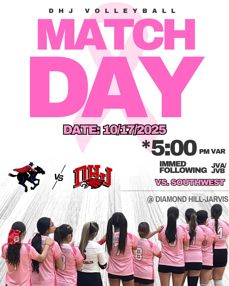 Come support DH-J Volleyball as they take on the Southwest Raiders tonight at home! Wear Pink and show your support!

Game time has been moved to 5:00 PM and JVA/JVB will immediately follow🦅🏐

#TogetherInPink #WeAreDiamondHill