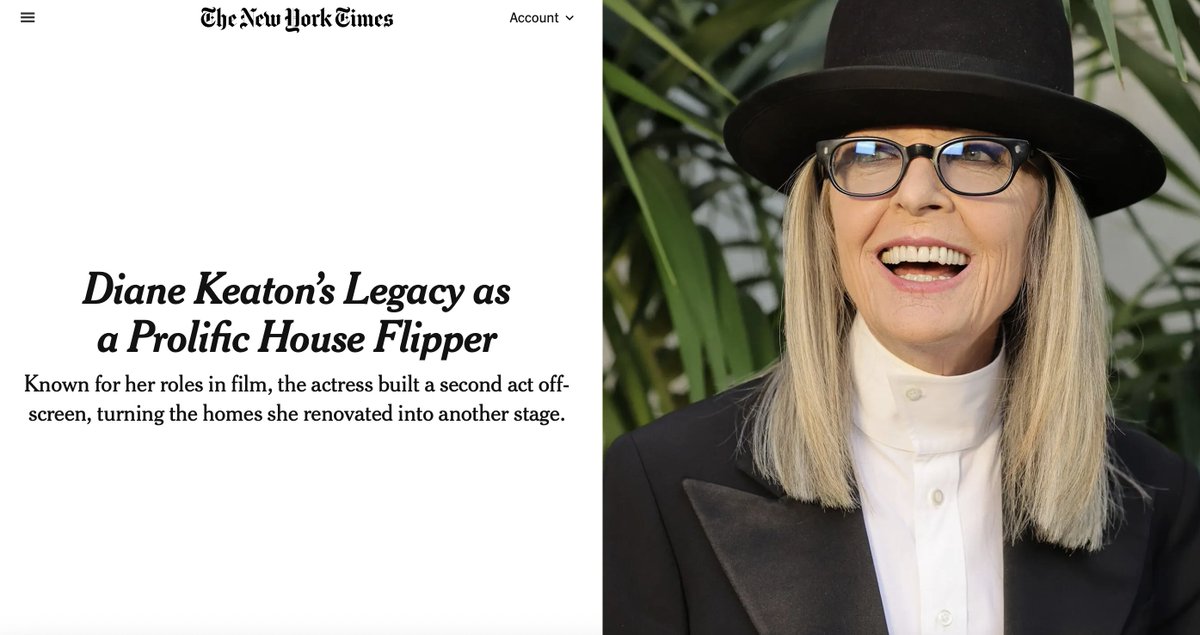 Most of us know Diane Keaton as the movie star she was. But her other legacy was in wood, plaster and stone. A look at her life as a self-described "serial flipper" with <a href="/ShawnHubler/">Shawn Hubler</a> and <a href="/JVivianG/">Vivian Marino</a>: nytimes.com/2025/10/17/rea…