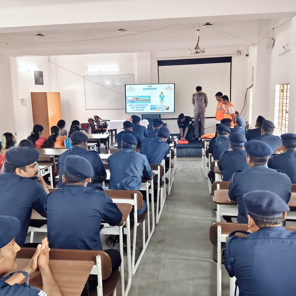 Spreading life-saving knowledge! As part of nationwide #CPRAwarenessWeek, 10th BN NDRF conducted a special CPR training session for its families at RRC Hyderabad. Equipped to save lives! #NDRF #CPRTraining #Hyderabad
<a href="/NDRFHQ/">NDRF India I राष्ट्रीय आपदा मोचन बल 🇮🇳</a>
<a href="/ANI/">ANI</a>
<a href="/MoHFW_INDIA/">Ministry of Health</a>
<a href="/HMOIndia/">गृहमंत्री कार्यालय, HMO India</a>
<a href="/PIBHyderabad/">PIB in Telangana 🇮🇳</a>
<a href="/PIBHyderabad/">PIB in Telangana 🇮🇳</a>