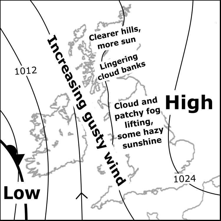 Sat 18/10: Breezy south-southeasterly winds, strongest and gustiest in west. Areas of low cloud on hill slopes and fog in some valleys from dawn. Cloud tends to rise and break, but persisting on some south-facing hills. Better northwards across the Highlands. #mwis