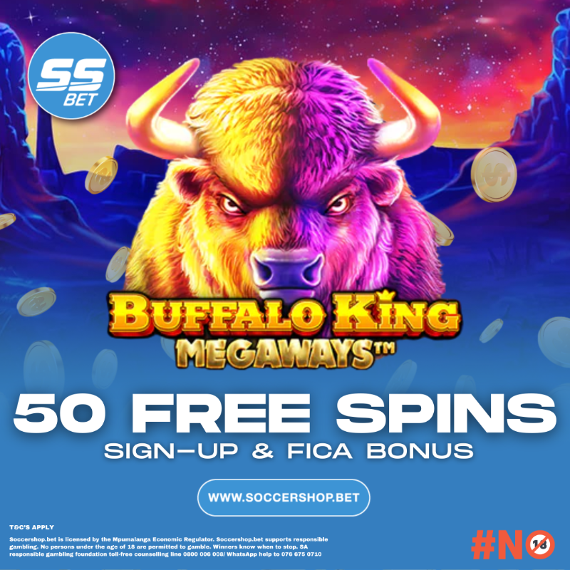 SoccerShopSA's tweet photo. Claim your 50 Free Spins! 🎰 
Just Sign-Up &amp; FICA to Receive your Bonus.

Bet Responsibly | Ts &amp; Cs Apply | 18+ Only
