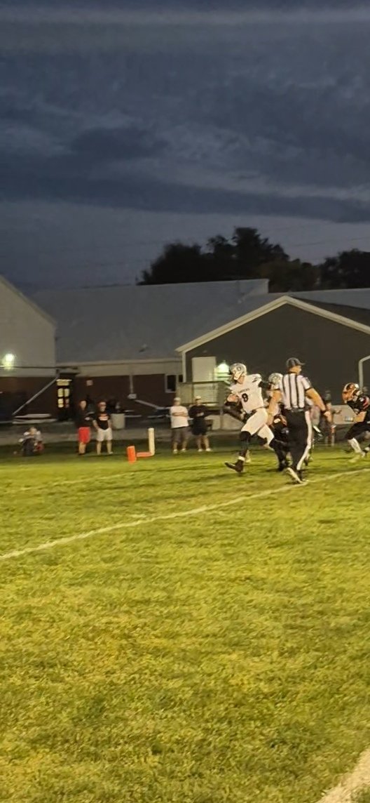 Sometimes you have to juke the 9th man to get a TD. D1 recruit Wyatt Frey of Lawrence Nelson weaves in and out for a 14 yard score against Giltner.