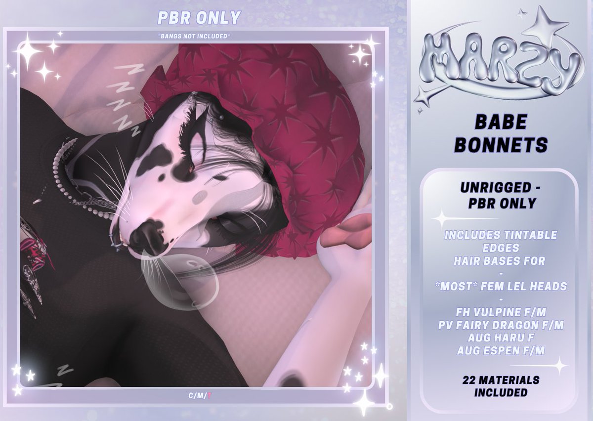 LilStarlingz's tweet photo. 💤✨ BABE BONNETS ✨💤
-
unrigged + tintable edges • 22 cozy materials
fits fem LEL, FH Vulpine, PV Fairy Dragon, Aug Haru &amp; Espen 💋
-
🌌 MP → https://t.co/kRtTBRCgnv
🏷️ Inworld → https://t.co/kclWbHetU7
-
#SecondLife #SLFashion #SLFurry #PBR #SLAccessories #Marzy https://t.co/ZNDTlK6jvc